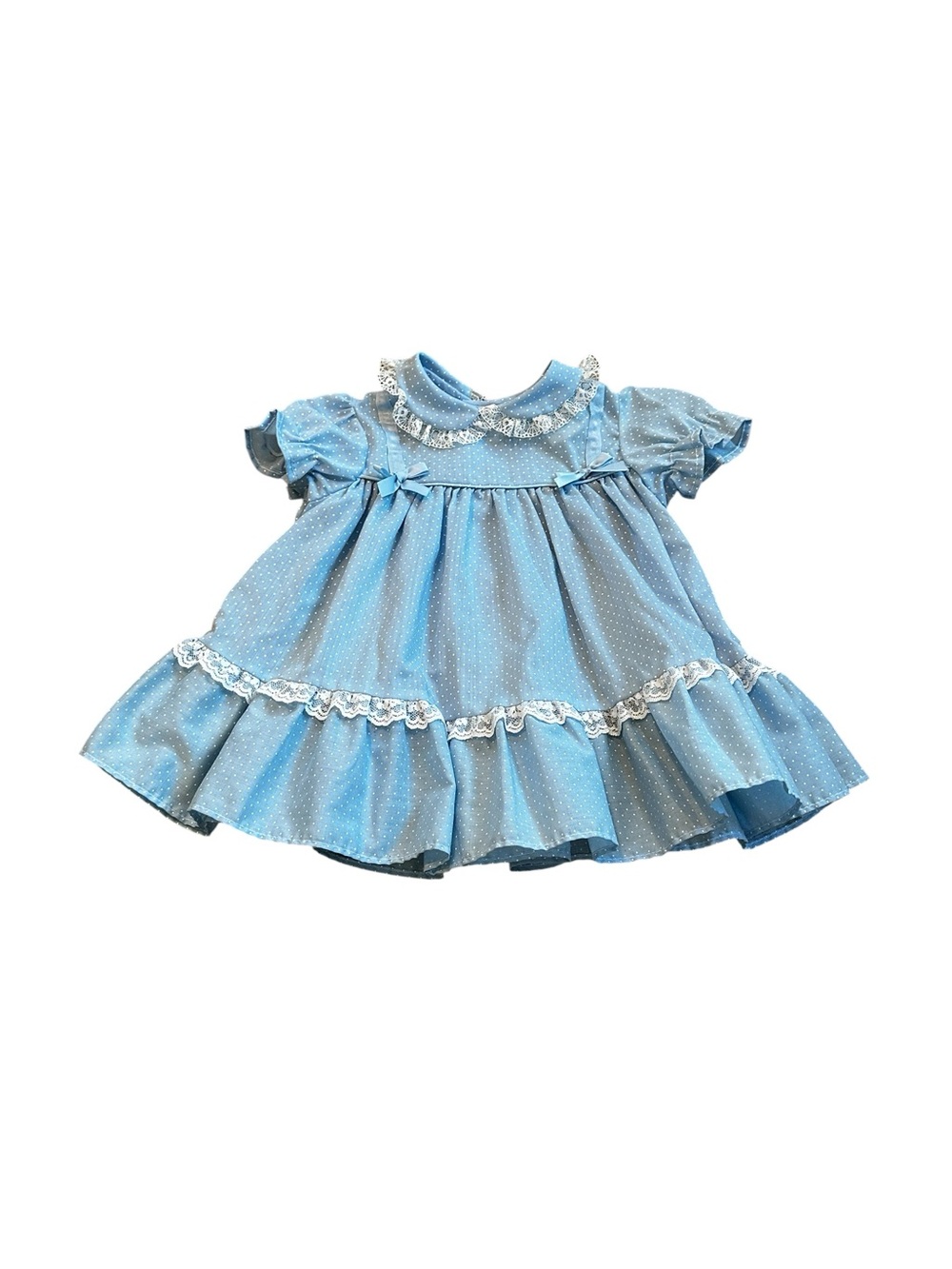 Vintage 80s Babygirls Dress Lght Blue White Polka Dots Ruffles Bows Cottagecore